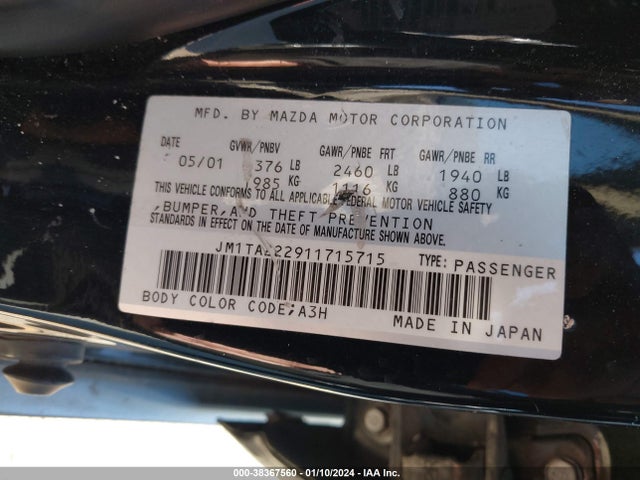 2001 MAZDA MILLENIA S VIN: JM1TA222911715715