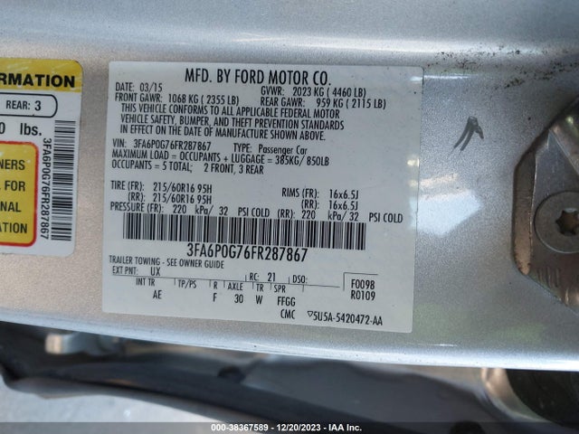2015 FORD FUSION S VIN: 3FA6P0G76FR287867