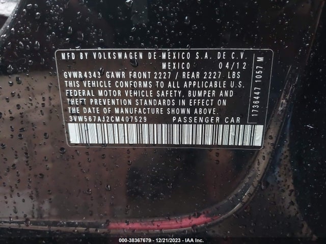2012 VOLKSWAGEN JETTA GLI VIN: 3VW567AJ2CM407529