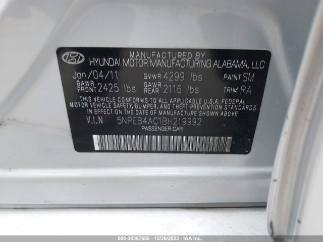 2011 HYUNDAI SONATA GLS VIN: 5NPEB4AC1BH219992