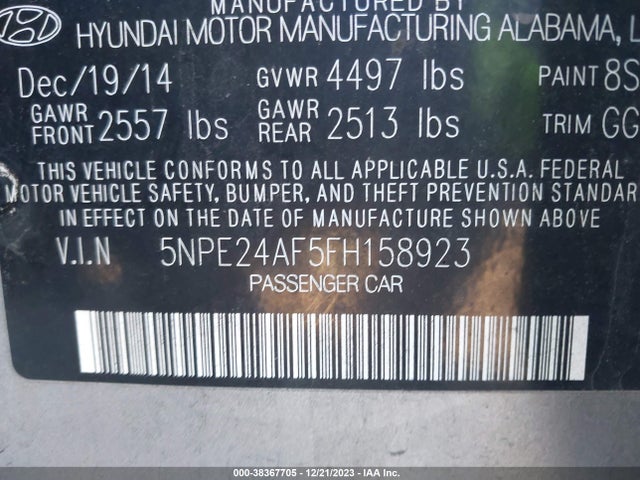 2015 HYUNDAI SONATA SE VIN: 5NPE24AF5FH158923