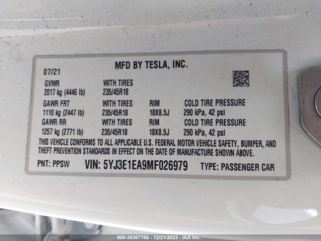 2021 TESLA MODEL 3 5YJ3E1EA9MF026979 Photo 8