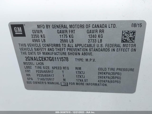 Chevrolet EQUINOX LT 2016 2GNALCEK7G6111578 Image 9