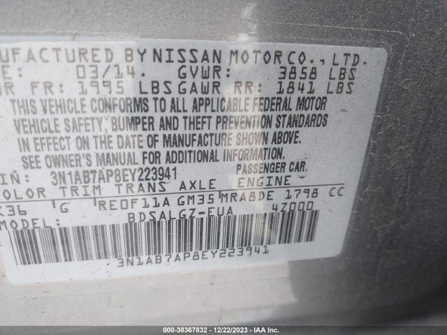 2014 NISSAN SENTRA SL VIN: 3N1AB7AP8EY223941