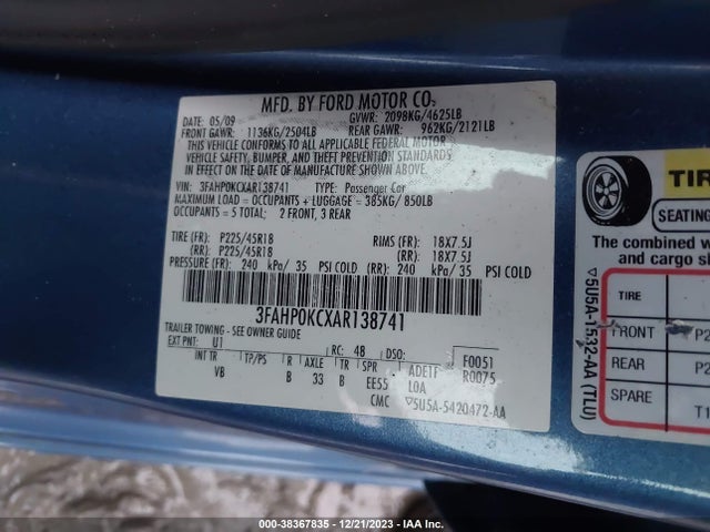 2010 FORD FUSION SPORT VIN: 3FAHP0KCXAR138741