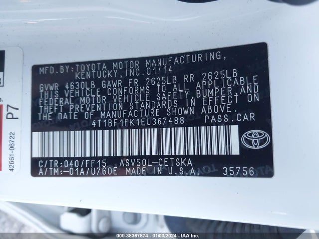 2014 TOYOTA CAMRY SE VIN: 4T1BF1FK1EU367488