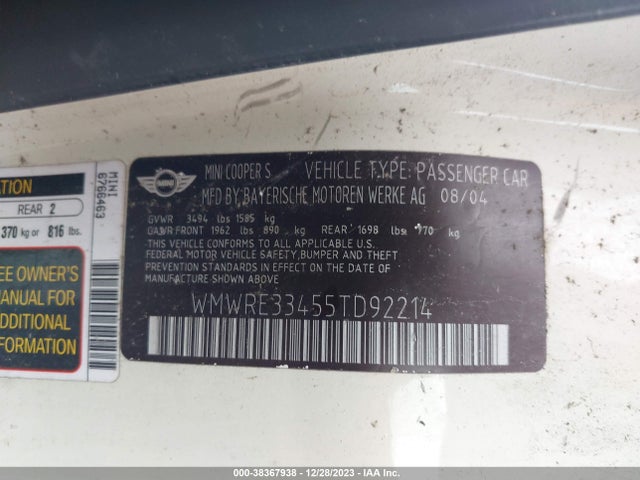 2005 MINI COOPER S WMWRE33455TD92214 Photo 8