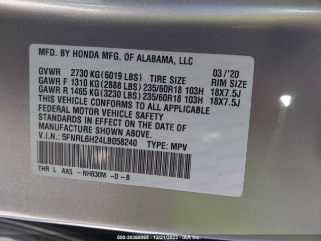 5FNRL6H24LB058240 Honda ODYSSEY LX