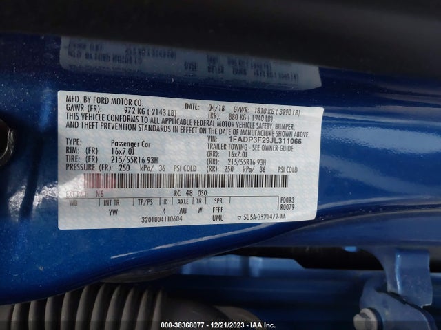 2018 FORD FOCUS SE VIN: 1FADP3F29JL311066