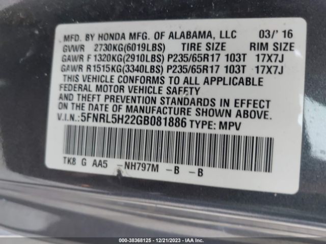 5FNRL5H22GB081886 Honda ODYSSEY LX