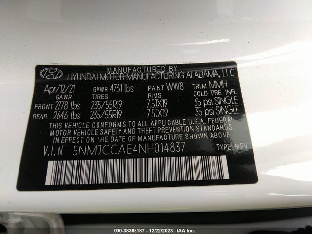 2022 HYUNDAI TUCSON SEL VIN: 5NMJCCAE4NH014837