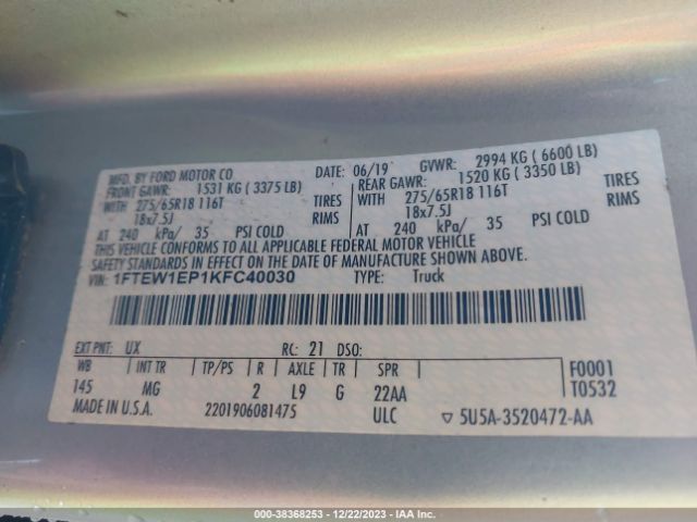 1FTEW1EP1KFC40030 Ford F-150 Xlt
