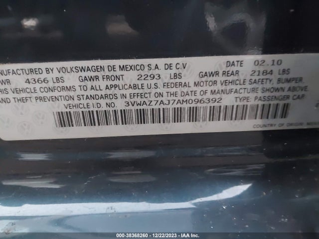 2010 VOLKSWAGEN JETTA LIMITED EDITION VIN: 3VWAZ7AJ7AM096392