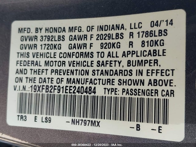 2014 HONDA CIVIC EX-L VIN: 19XFB2F91EE240484