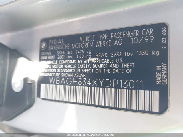 2000 BMW 740IL VIN: WBAGH834XYDP13011