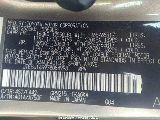 2007 TOYOTA 4RUNNER SR5 V6 VIN: JTEBU14R978084998