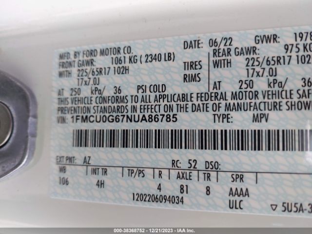 Ford ESCAPE SE 2022 1FMCU0G67NUA86785 Image 9