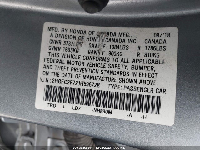 Honda CIVIC EX 2018 2HGFC2F72JH596728 Image 9