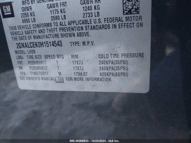 Chevrolet EQUINOX LT 2017 2GNALCEK0H1514543 Image 9