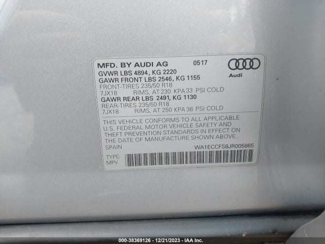 2018 AUDI Q3 VIN: WA1ECCFS8JR005865