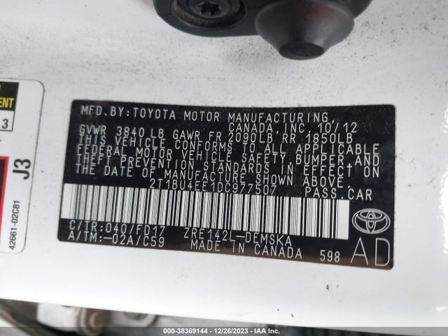 2013 TOYOTA COROLLA S VIN: 2T1BU4EE1DC977507