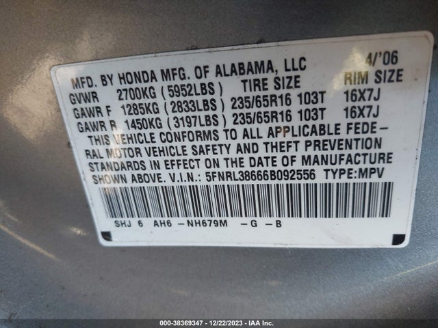 2006 HONDA ODYSSEY EX-L VIN: 5FNRL38666B092556