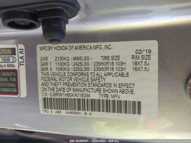 5J6RW1H80KA018334 Honda Cr-v Ex-l
