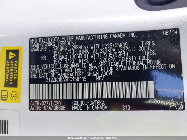2015 LEXUS RX 350 VIN: 2T2ZK1BA5FC158115