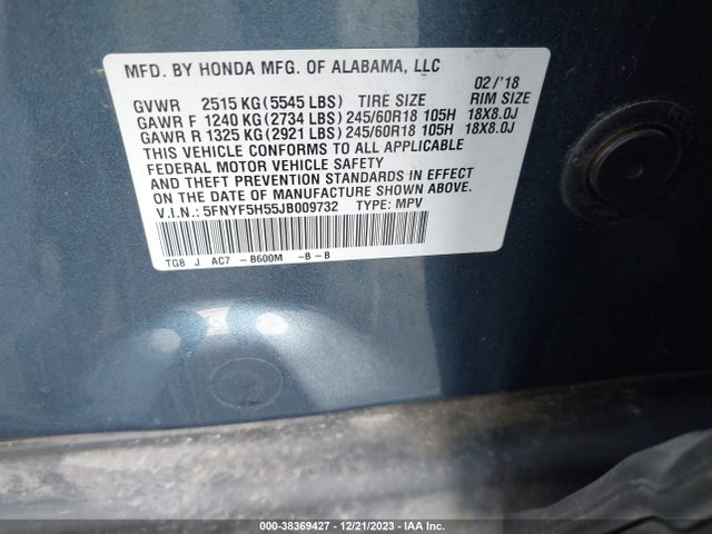 Honda Pilot Ex-l 2018 5FNYF5H55JB009732 Image 9