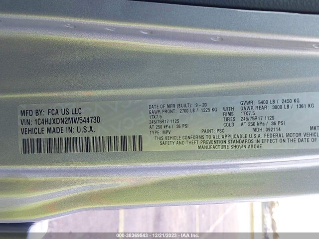 1C4HJXDN2MW544730 Jeep 2021