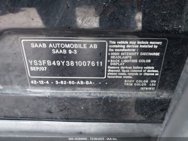 2008 SAAB 9-3 YS3FB49Y381007611 Photo 8