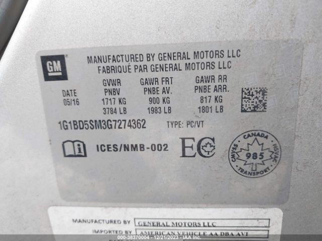 1G1BD5SM3G7274362 Chevrolet Cruze Lt Manual