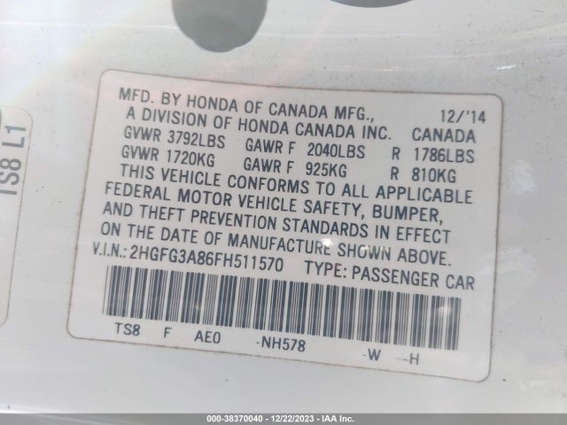 Honda CIVIC EX 2015 2HGFG3A86FH511570 Image 9