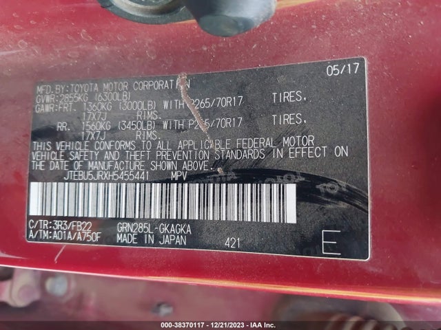 Toyota 4RUNNER SR5 2017 JTEBU5JRXH5455441 Image 9