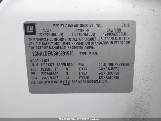 2010 CHEVROLET EQUINOX LT VIN: 2CNALDEW8A6291948