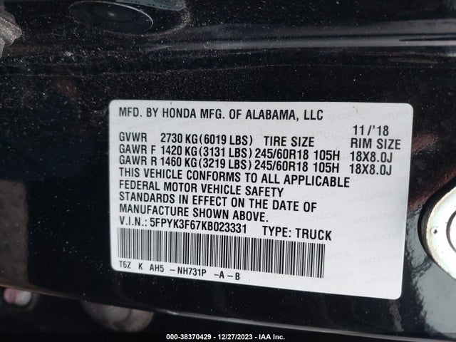 Honda Ridgeline Rtl-t 2019 5FPYK3F67KB023331 Image 9