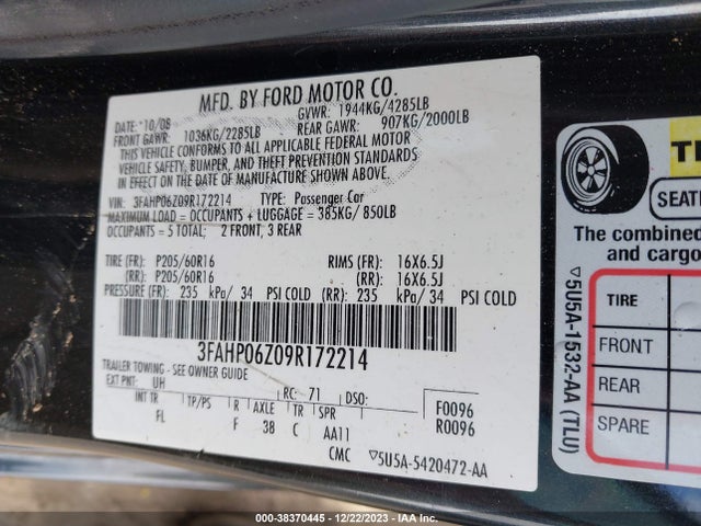 2009 FORD FUSION S VIN: 3FAHP06Z09R172214