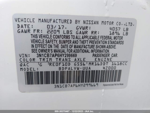 2017 NISSAN SENTRA NISMO VIN: 3N1CB7AP6HY299669
