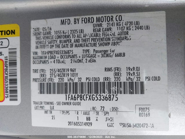 Ford MUSTANG GT 2016 1FA6P8CFXG5336875 Image 9