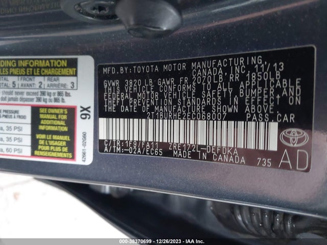2014 TOYOTA COROLLA L VIN: 2T1BURHE2EC068007