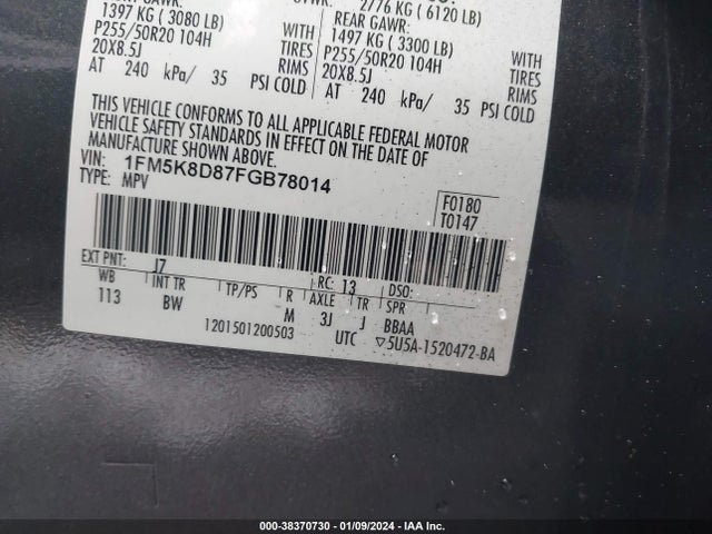 Ford EXPLORER XLT 2015 1FM5K8D87FGB78014 Image 9