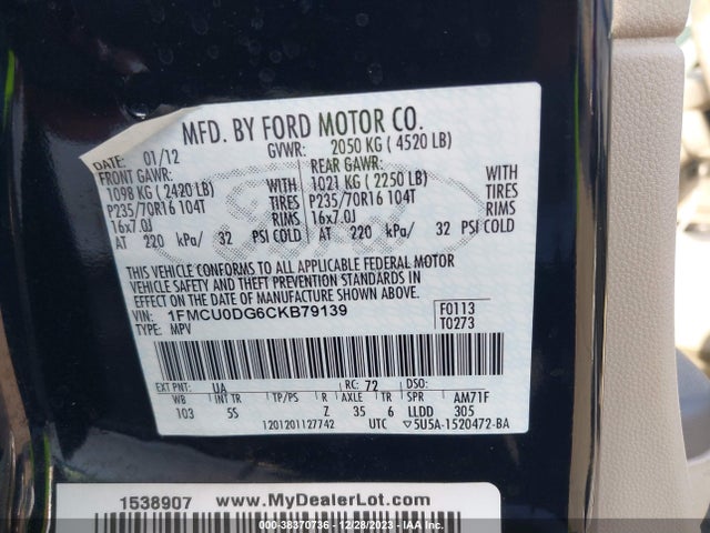 2012 FORD ESCAPE XLT VIN: 1FMCU0DG6CKB79139