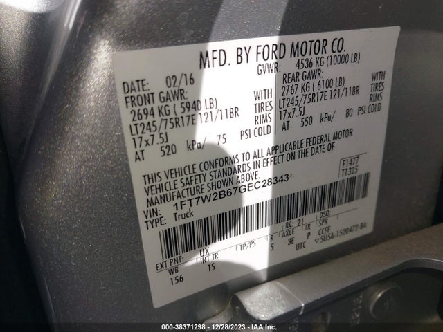 2016 FORD F-250 XL VIN: 1FT7W2B67GEC28343
