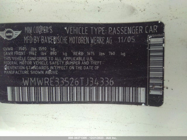 2006 MINI COOPER S WMWRE33526TJ34336 Photo 8
