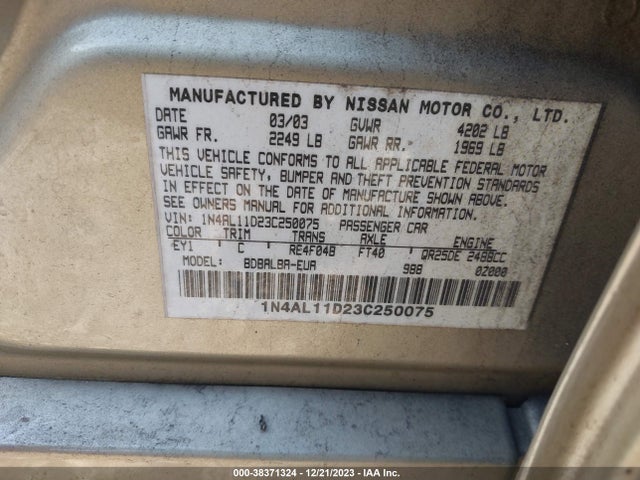 2003 NISSAN ALTIMA S VIN: 1N4AL11D23C250075
