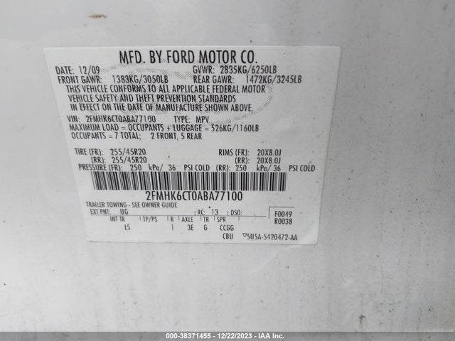 2010 FORD FLEX SEL VIN: 2FMHK6CT0ABA77100