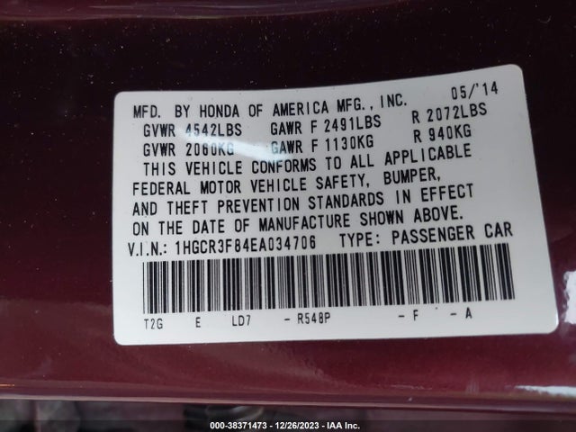 Honda Accord Ex-l V-6 2014 1HGCR3F84EA034706 Image 9