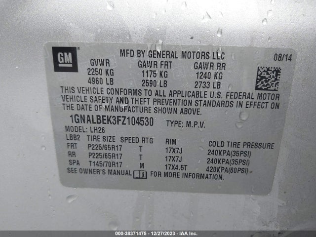 Chevrolet EQUINOX 1LT 2015 1GNALBEK3FZ104530 Image 9