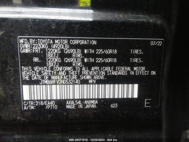 2022 TOYOTA RAV4 XLE PREMIUM HYBRID VIN: JTMB6RFV2ND532140
