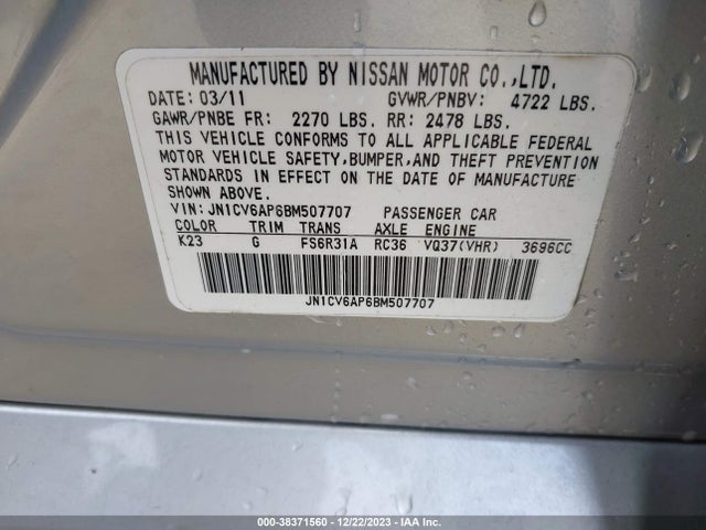 2011 INFINITI G37 SPORT VIN: JN1CV6AP6BM507707